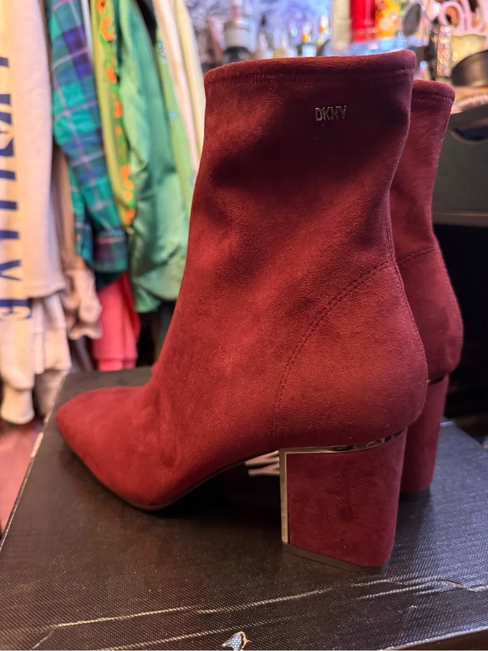 DKNY Wine Suede Block Heel Ankle Boots - Picture 2 of 7
